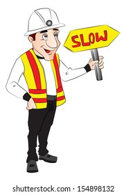 Vector illustration of happy construction worker holding slow sign.