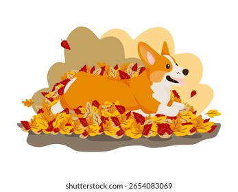 Vector illustration of a happy corgi dog playing in a pile of colorful autumn leaves. Cheerful scene capturing the joy of fall and pets, perfect for animal lovers, seasonal designs, and cozy autumn th