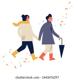 Vector illustration of happy couple in autumn season clothes. Young couple walking and holding each other surrounded by falling leaves