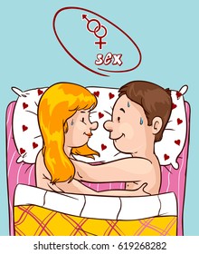 vector illustration, happy couple in bed, man and woman