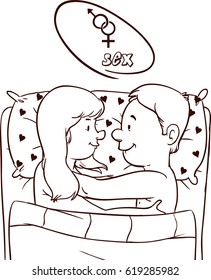 vector illustration, happy couple in bed, man and woman