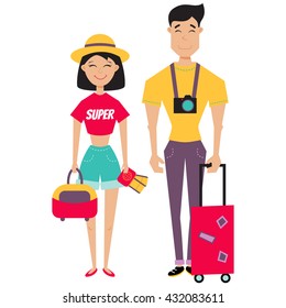 vector illustration of a happy couple, boy and girl with traveling accessories - baggage, camera, passport and tickets