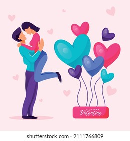 Vector illustration happy couple celebrating valentines day huging each other and heart balloons around background.