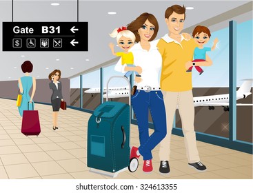 ilustración vectorial de una pareja feliz con niños abrazados en un aeropuerto  