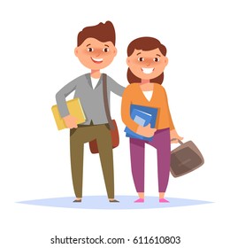 Vector illustration of happy couple college students boy and girl standing with book and school bag isolated. Back to school concept