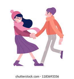Vector illustration of happy couple fooling around with each other and laughing in autumn in flat style isolated on white background - playing young girl and boy in fall clothes.