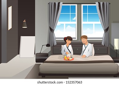 A vector illustration of Happy couple having breakfast in bed
