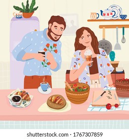 Vector illustration of a happy couple having breakfast in the kitchen. Coffee time at home