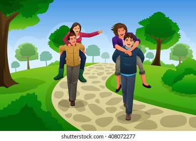 A vector illustration of happy couple having a piggyback race