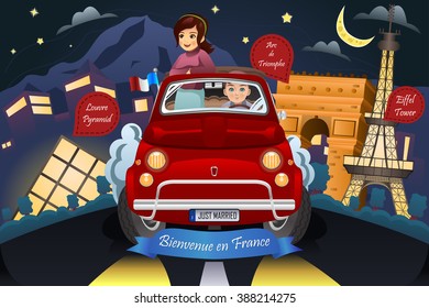A vector illustration of happy couple honeymoon around  France (NOTE: the foreign text is Welcome in France and famous landmarks in France)