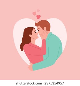 Imagen vectorial de una pareja feliz enamorada. Escena de caricatura con un sonriente hombre apuesto y una bella muchacha con el pelo ondulado abrazándose y mirándose unos a otros y corazones alrededor en un fondo rosa claro.