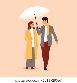 Vector illustration of a happy couple in love.Cartoon scene of a young couple on a walk, dressed in autumn clothes, a girl with a flower, a guy holding a white umbrella isolated on a beige background.