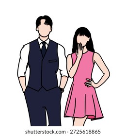 Vektorgrafik glückliches Paar, mit dem Mann hält seine Hände in den Taschen und die Frau posiert in Überraschung. Diese Illustration wurde von einer Szene aus einem beliebten koreanischen Drama inspiriert.