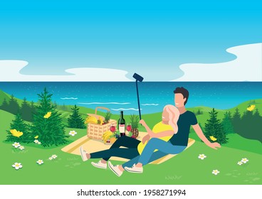 Ilustración vectorial de una pareja feliz en un picnic yace en una manta al lado de una canasta con comestibles. La niña y el joven descansan en la naturaleza.