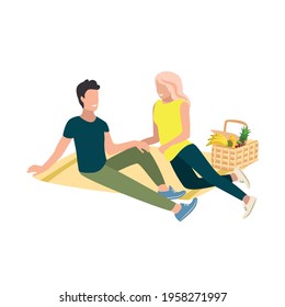 Vector illustration of a happy couple on a picnic lies on a blanket next to a basket with groceries. The girl and the young man are resting in nature.