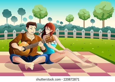 A vector illustration of happy couple playing guitar together in a park