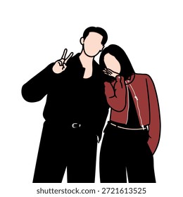 Ilustração vetorial de um casal feliz posando para uma foto juntos, segurando suas bochechas em uma pose de dois dedos. A pintura foi inspirada por uma cena de um popular drama coreano.