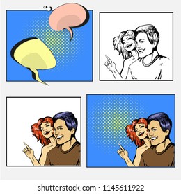 Vector illustration of happy couple in retro pop art comic style in black and white and colord variations including speech bubbles