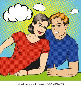 Vector illustration of happy couple in retro pop art comic style. Man showing thumb up hand sign.