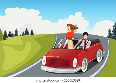 A vector illustration of happy couple riding a car going on a road trip