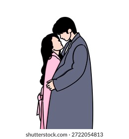 Vektorgrafik eines glücklichen Paares, das Wärme teilt, während es in die Augen des anderen blickt. Diese Illustration ist von einer Szene aus einem berühmten chinesischen Drama inspiriert.