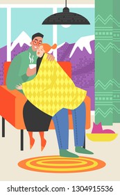 Vector illustration of a happy couple sitting in a comfortable chair in a room with a view of the mountains. Young people enjoy the new housing. The image symbolizes comfort, warm relationships, love.