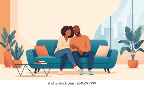 Vector illustration of a happy couple sitting close together on a blue sofa in a modern living room with potted plants and city window view.
