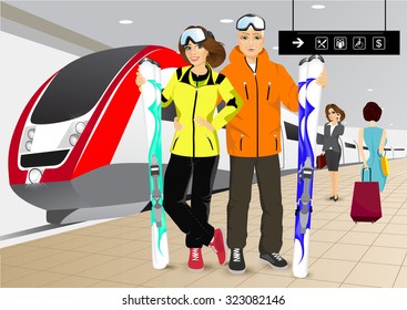 vector illustration of happy couple skiers standing on the platform at the train station