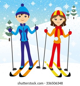 Vector illustration. Happy couple skiing.