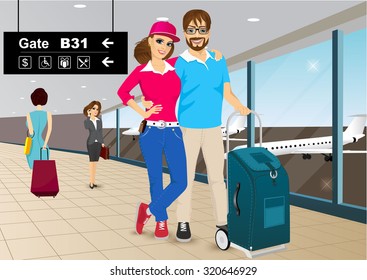 vector illustration of happy couple standing in an embrace in an airport  