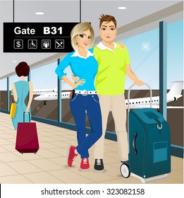 vector illustration of happy couple standing in an embrace at the airport  