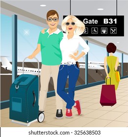 vector illustration of happy couple standing in an embrace at the airport  