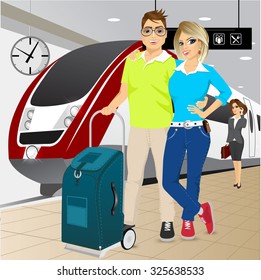 vector illustration of happy couple standing in an embrace on the platform at the train station against a high speed train 