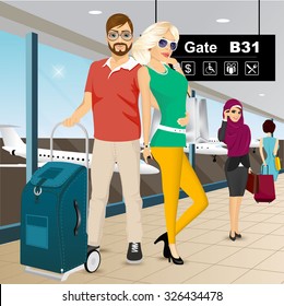 vector illustration of happy couple standing in an embrace at the airport  