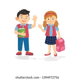 Vector illustration of happy couple student schoolboy and schoolgirl