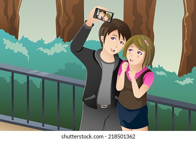 A vector illustration of happy couple taking a selfie picture of themselves 