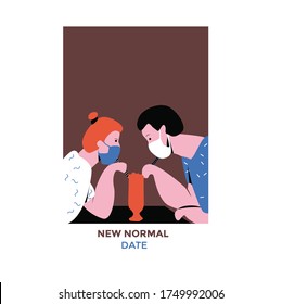 vector illustration Happy couple talking at cafe and having date - new normal corona virus