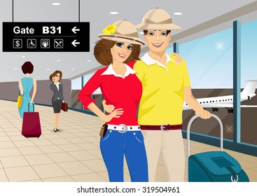 vector illustration of happy couple in travel hats standing in an embrace at the airport  