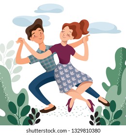 Vector illustration of a happy couple who enjoys dancing in a park. Character collection of a group of people. Flat styled design for presentation, banner, poster and card.