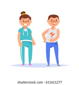 Vector illustration of happy couple young fitness woman and man in sport clothing standing isolated flat cartoon style