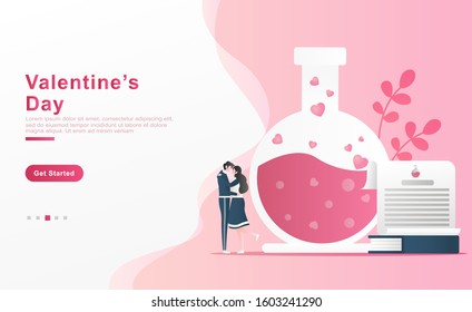 Vector illustration. happy couples cuddle to celebrate valentine, concept of bottle of potions with bubble of love, recipes, love books, plant. for frame, app, landing page, ui ux . flat cartoon style