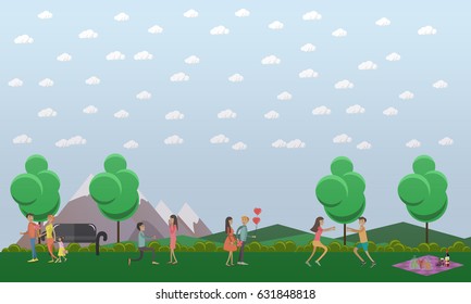 Vector illustration of happy couples taking rest in the park. Loving family couple with their daughter. Lovers boys and girls going out for a date. Flat style design.