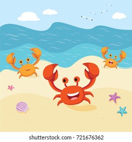 Vector illustration of happy crabs at the seashore