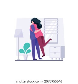 vector illustration happy cuddle up day. Man hugging and cuddling embracing woman isolated on room background.