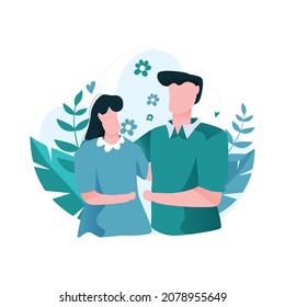 Vector illustration happy cuddle up day. Happy couple hugging and cuddling isolated on nature background.