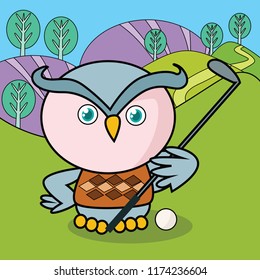 vector illustration of a happy cute animals activity, owl playing golf on the field, sport drawing concept for children and kids learning supplies