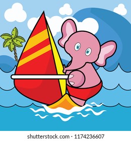 vector illustration of a happy cute animals activity, elephant playing wind surfing on the sea, sport drawing concept for children and kids learning supplies