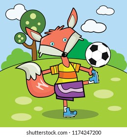vector illustration of a happy cute animals activity, fox playing football on the field, sport drawing concept for children and kids learning supplies