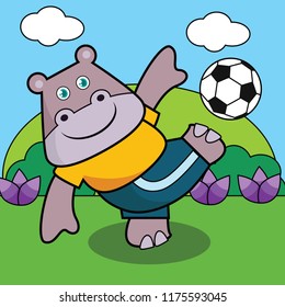 vector illustration of a happy cute animals activity, hippopotamus playing football on the park, sport drawing concept for children and kids learning supplies