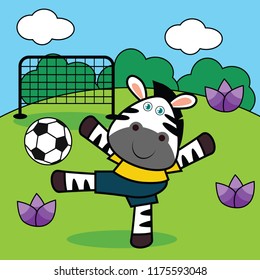 vector illustration of a happy cute animals activity, zebra playing football on the park, sport drawing concept for children and kids learning supplies